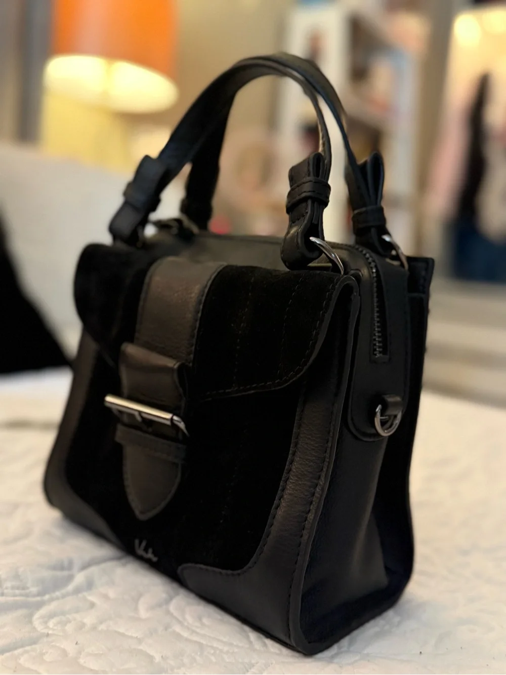 Black Suede Genuine Leather Bag with Black Rhodium Chain